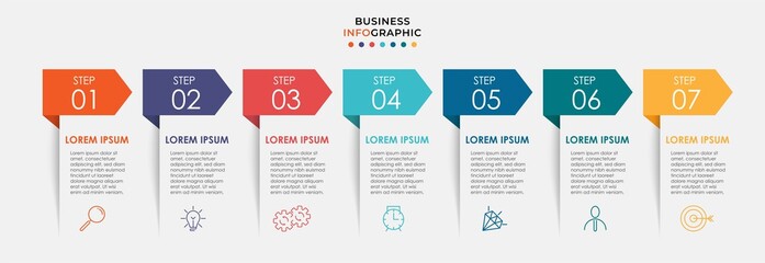 Vector Infographic design business template with icons and 7 options or steps. Can be used for process diagram, presentations, workflow layout, banner, flow chart, info graph
