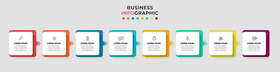 Vector Infographic design business template with icons and 8 options or steps. Can be used for process diagram, presentations, workflow layout, banner, flow chart, info graph