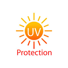 Concepto vacaciones de verano. Crema solar. Logotipo con texto UV Protection en sol en color naranja