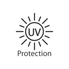 Concepto vacaciones de verano. Crema solar. Logotipo con texto UV Protection en sol con lineas en color gris