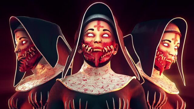 Cursed Nun VJ Loop - is a motion graphics clip featuring corrupted nun in church attire with an inverted cross burnt on the forehead . The creature features are a mix of demon and woman. 