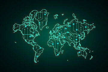 Map of World, network line, design sphere, dot and structure on dark background with Map World, Circuit board. Vector illustration. Eps 10