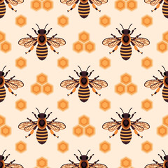 Honey bee with honeycomb cells pattern. Vector seamless background with Queen bee.