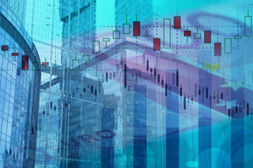 Financial abstract background, five hundred euro banknote,city,graph and candlestick charts, diagrams and digital money,stock exchange market, economic investment,finance and business concept