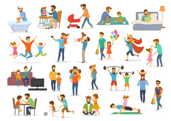 Fototapeta premium father and child, dad with kids boy and girl have fun jump walk dance play superhero soccer video game, take selfie, hug kiss, read book, exercise, feeding bathing, man with pram and baby wrap scenes