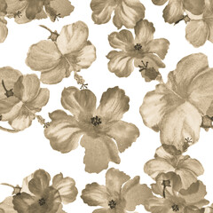 Brown Hibiscus Leaves. Gray Flower Background. Colorless Seamless Decor. Vintage Illustration. Pattern Painting. Watercolor Background. Tropical Palm. Exotic Palm.
