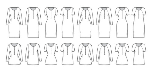 Set of Dresses henley collar technical fashion illustration with long elbow short raglan sleeves sleeveless, oversized fitted, knee mini length. Flat apparel front, white color style. Women, men CAD