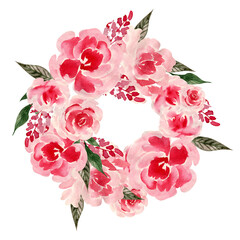 Watercolor wreath with roses and peony flowers. Illustration