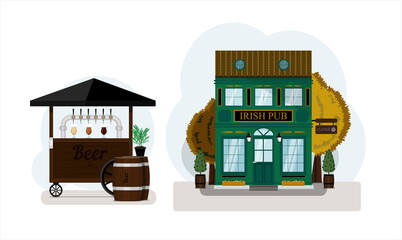 Beer set. Irish pub exterior vector illustration. Street stall with draught beer for sale. Wooden cart with different types of craft beer, wooden barrels and beer glass glasses. Flat design of facade.