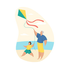 Launching kite on beach. Elderly man with his grandson joyfully hold paper glider by rope. Outdoor games near sea with fun toys flying. Summer vacation coast. Vector flat illustration isolated