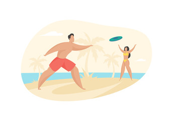 Obraz na płótnie Canvas Beach frisbee. Guy throws green plastic disc to girl. Active play tropical sandy coast. Leisure in open sea with flabber guts. Travel and vacation sunny beach. Vector flat illustration isolated