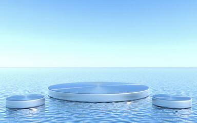 Empty pedestal on water background. Abstract Minimal geometric. 3d rendering
