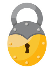 Golden retro padlock. Vintage object in cartoon style.