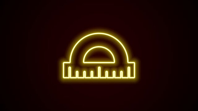 Glowing neon line Protractor grid for measuring degrees icon isolated on black background. Tilt angle meter. Measuring tool. Geometric symbol. 4K Video motion graphic animation