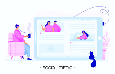 A man sits on the armchair and watching videos, news, photos, and reading articles on the tablet. The man drink morning coffee and listening to music in his house. Modern flat vector illustration.