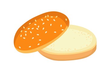American Burger bun isolated on white background. Empty hamburger. Bakery product. Round bread with sesame seeds bakery food. Flat design for menu cafe, restaurant, poster, sticker. Burger ingredient