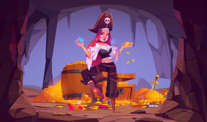 Pirate girl in treasure cave, young woman in filibuster costume and leg prosthesis hold golden coins and gems sitting on wooden chest in ancient fantasy magic tomb or mine, Cartoon vector illustration