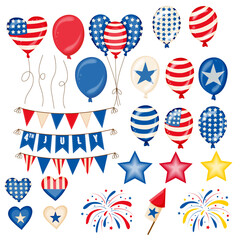 Fourth of July Independence Day symbols set. American patriotic illustration of balloons, flags, stars, fireworks and firecracker with red and blue colors - obrazy, fototapety, plakaty