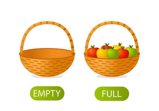 empty and full basket of apples. Teaching children opposites in mathematics. vector illustration isolated on white background