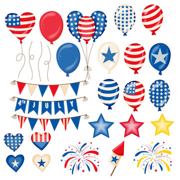 Fourth of July Independence Day symbols set. American patriotic illustration of balloons, flags, stars, fireworks and firecracker with red and blue colors