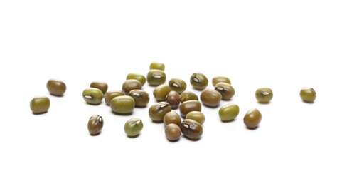 Green mungo beans (Vigna radiata) isolated on white background, top view
