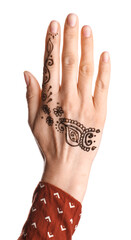 Woman with henna tattoo on hand against white background, closeup. Traditional mehndi ornament
