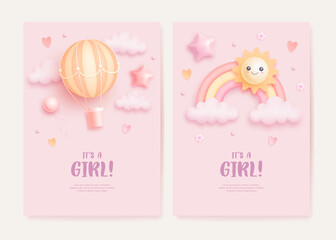 Set of baby shower invitation with cartoon rainbow, sun, hot air balloon, hearts and flowers on pink background. It's a girl. Vector illustration