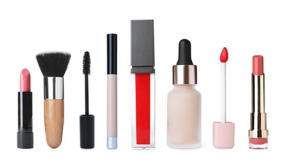 Obraz premium Set with different decorative cosmetics on white background. Banner design