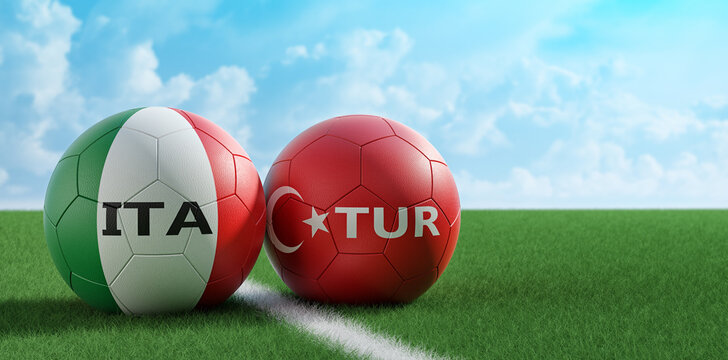 Leather balls in Italy and Turkey national colors on a soccer field. Copy space on the right side - 3D Rendering 