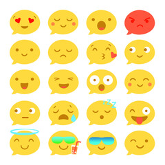 Vector set isolated on a white background of faces with different emotions. Large collection, big set of flat icons. Round cartoon faces for chat, hand-drawn, trendy. Dialogue bubble, cute dialog box.