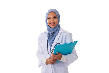 medicine, healthcare, charity and people concept - smiling muslim female doctor wearing blue hijab and white coat with document folder isolated over white background