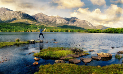 Beautiful landscape scenery of lough inagh with mountains in the background at Connemara, county...