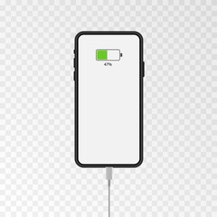 Vector phone screen mockup. The phone is charging, charging. Mockup of a phone, smartphone, with a blank screen on an isolated background. PNG.