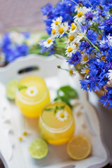 Glasses with lemonade and mint summer