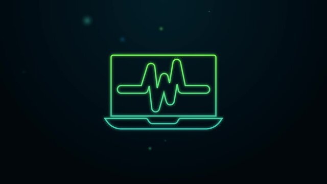 Glowing neon line Laptop with cardiogram icon isolated on black background. Monitoring icon. ECG monitor with heart beat hand drawn. 4K Video motion graphic animation