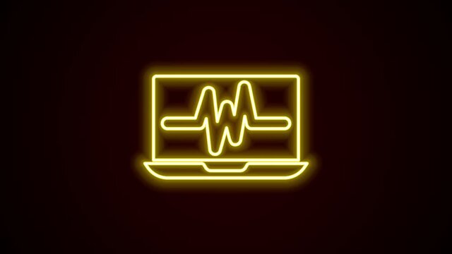 Glowing neon line Laptop with cardiogram icon isolated on black background. Monitoring icon. ECG monitor with heart beat hand drawn. 4K Video motion graphic animation