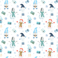 Watercolor Christmas pattern with snowman, scandinavian gnomes, giftes and snowflakes isolated on white background.
