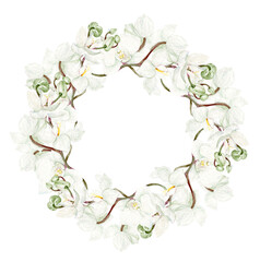 Beautiful watercolor wreath with white orchid flowers.