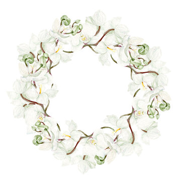 Beautiful watercolor wreath with white orchid flowers.