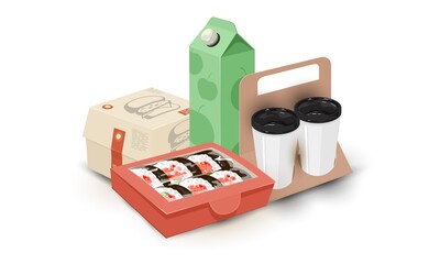 Cartoon of juice package, cups with coffee, burger and asian sushi. Vector fast food eating, unhealthy food, complex meal. Concept of eat and go, nutrition, delivery isolated on white background