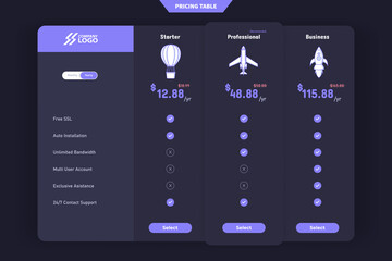 Modern pricing table design with 3 subscription plans. flat infographic pricing table design template for website or presentation
