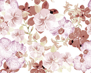 Brown Botanical Decor. Colorless Orchid Textile. Purple Hibiscus Textile. Gray Flower Design. Watercolor Plant. Seamless Plant. Pattern Palm.