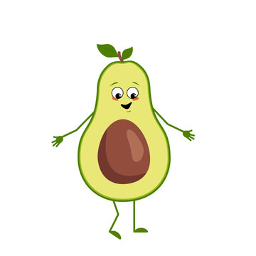 Cute avocado character with joy emotions, smiling face, happy eyes, arms and legs. A mischievous vegetable hero with eyes