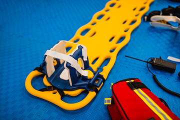 First aid medical equipment. Yellow stretchers and equipment for rescuing the injured