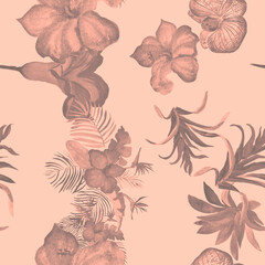 Coral Hibiscus Foliage. Gray Flower Background. Pink Watercolor Garden. Floral Set. Seamless Print. Pattern Foliage. Tropical Wallpaper. Botanical Print.
