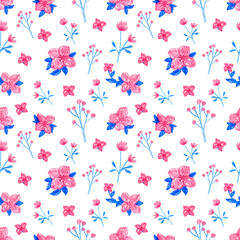 Oil pastel hand drawn Seamless Pattern with pink Flowers on a white background. Perfect for wrapping paper, textile, decor, wallpaper. 