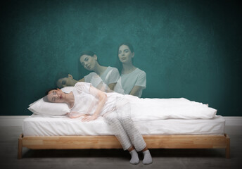 Somnambulist rising from bed near green wall indoors, multiple exposure. Sleepwalking