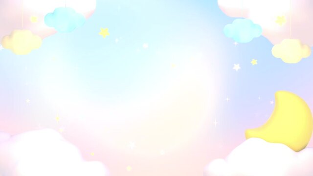 Looped cartoon sweet dreams animation. Yellow crescent moon, soft white clouds, stars, and glowing light in the pastel sky.
