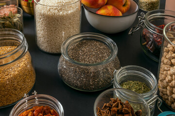 image of glass jars with haute cuisine ingredients ready for the elaboration of a large dish