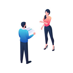 Home express delivery isometric illustration. Female character happily greets ordered package. Male courier stands with white cardboard box. High quality services delivery goods vector concept.